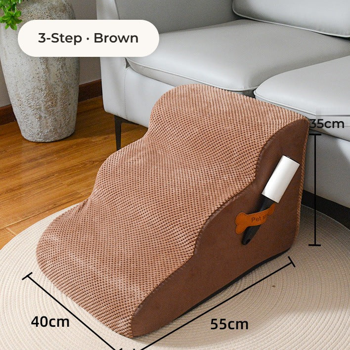 Pawmere 3-step pet stairs in brown beside a sofa, 40 x 55 x 35 cm