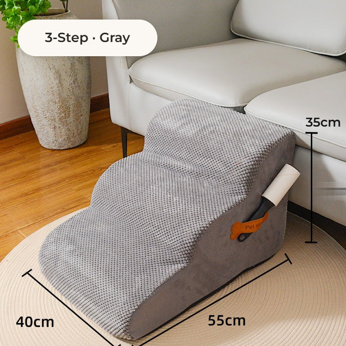 Pawmere 3-step pet stairs in gray beside a sofa, 40 x 55 x 35 cm