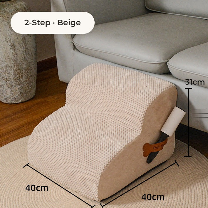 Pawmere 2-step pet stairs in beige beside a sofa, 40 x 40 x 31 cm