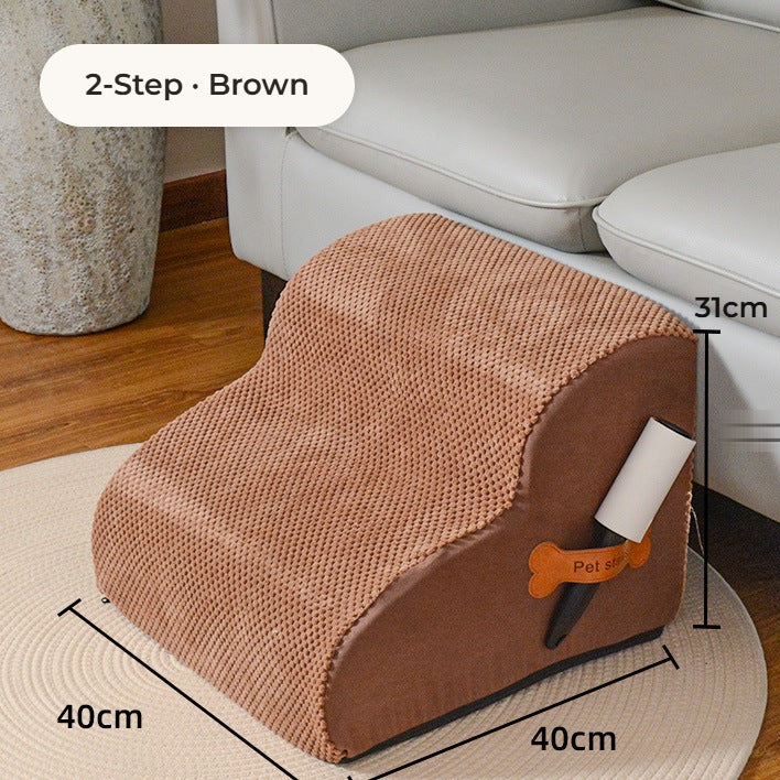 Pawmere 2-step pet stairs in brown beside a sofa, 40 x 40 x 31 cm