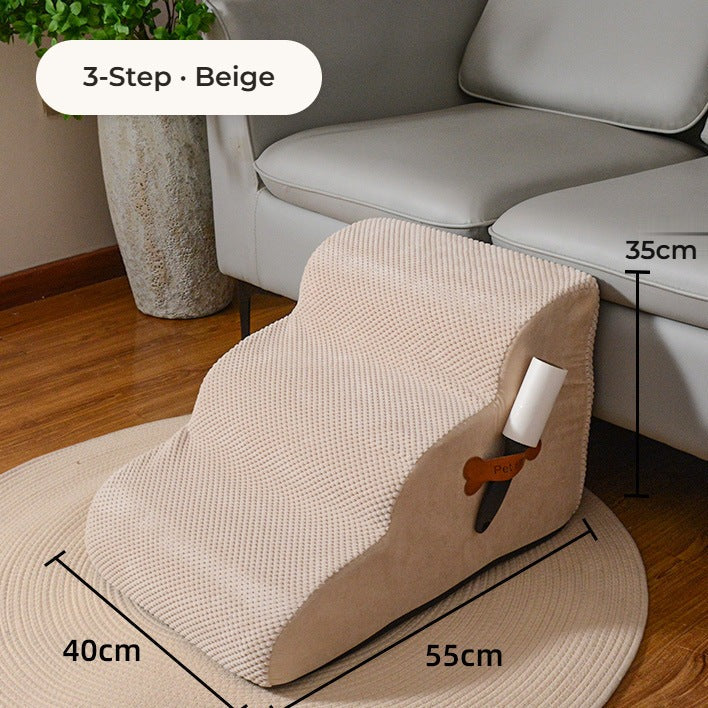 Pawmere 3-step pet stairs in beige beside a sofa, 40 x 55 x 35 cm