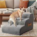 French bulldog using Pawmere 3-step pet stairs to reach the sofa