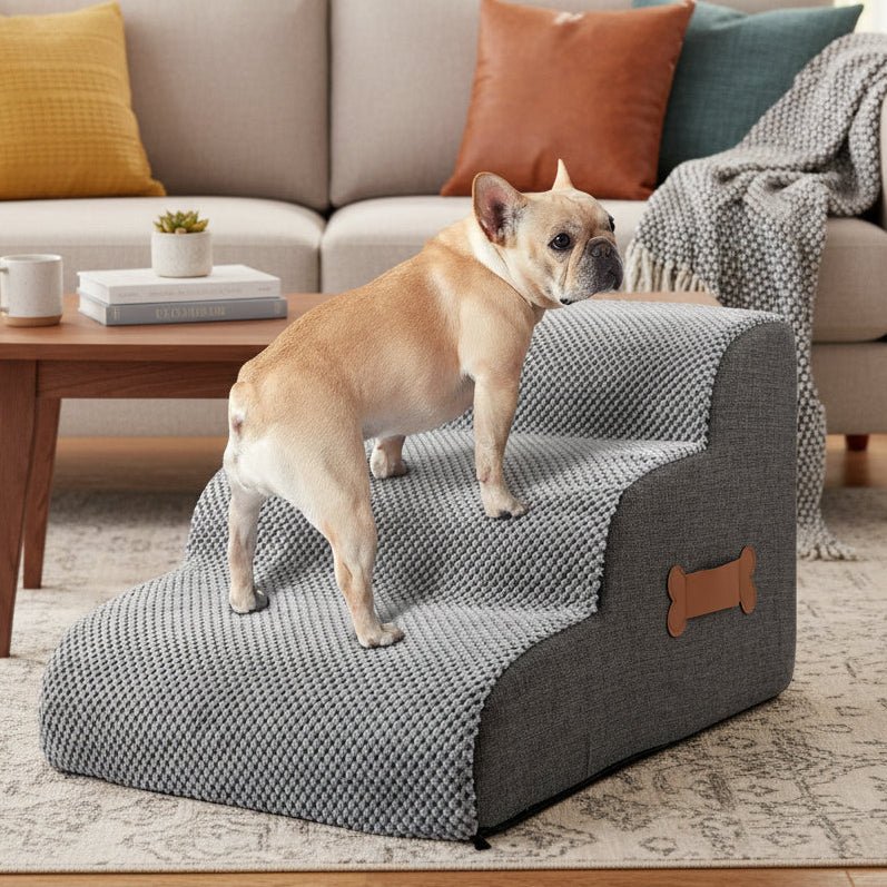 French bulldog using Pawmere 3-step pet stairs to reach the sofa